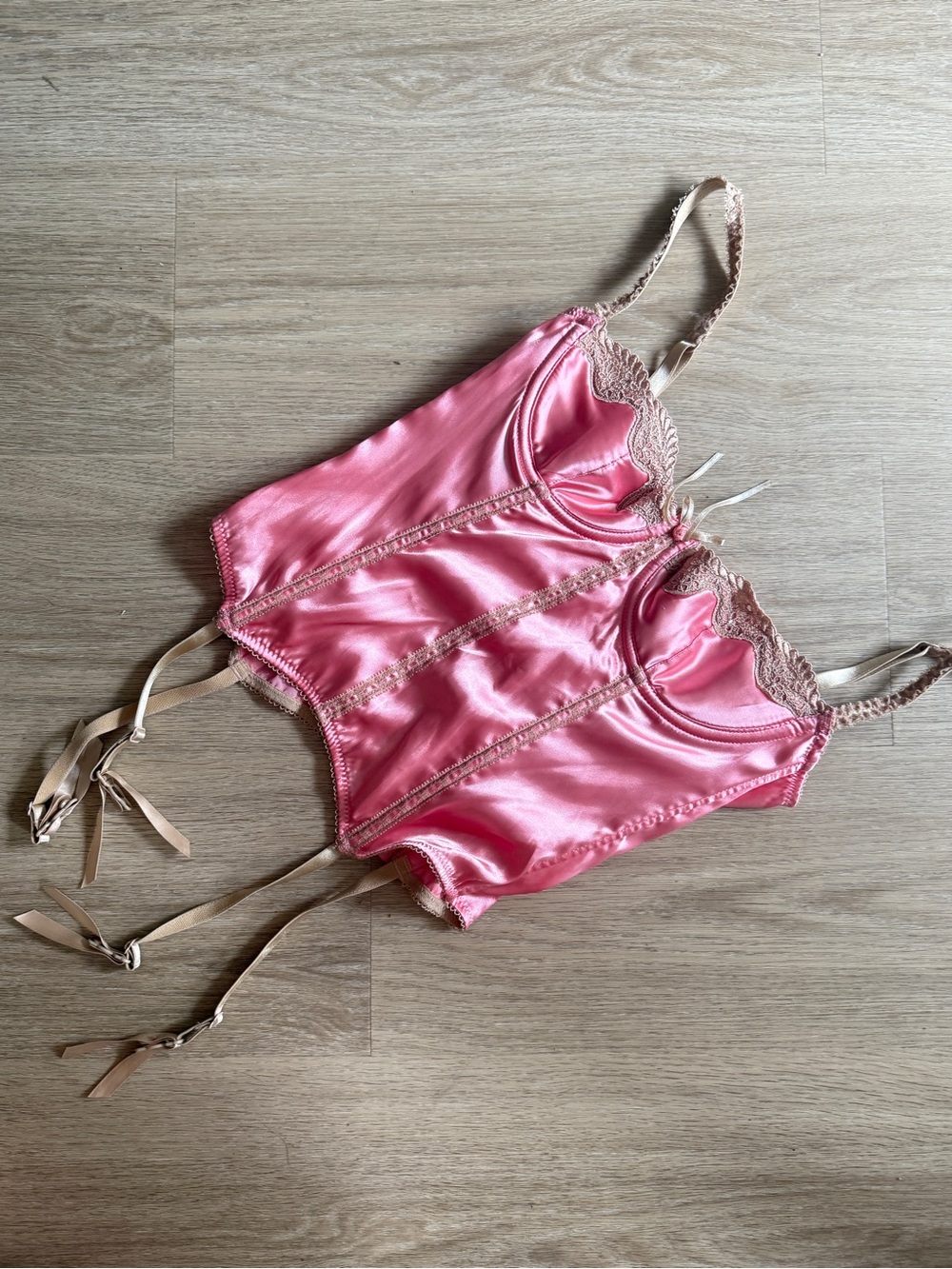 sophie b. rosy satin lace corset with nude garters